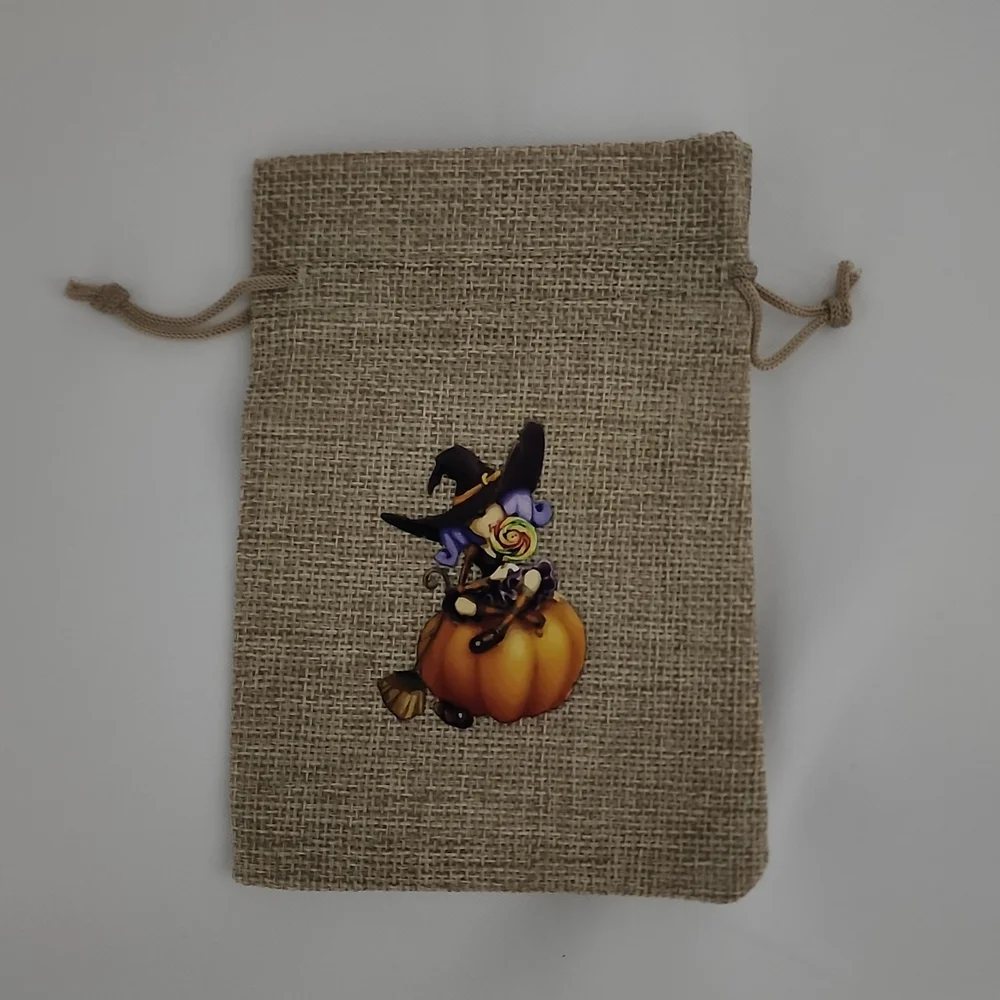 10 Pack- Halloween Burlap Gift Bag w/drawstring, Witch on PumpkinDesign